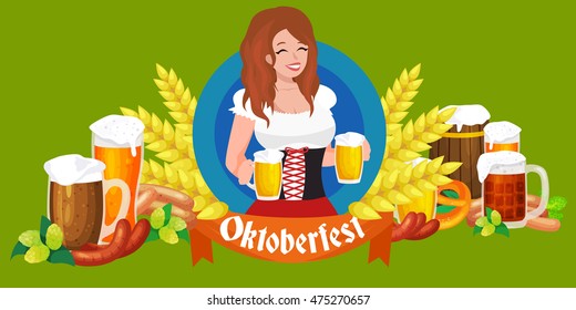 Germany beer festival in Bavaria, girl holding alcohol in a glass and wooden mug with mens snack traditional pretzel sausage,woman drinking in party pub or bar food background vector illustration 