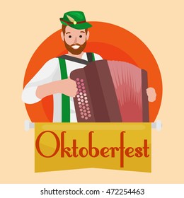 germany beer festival oktoberfest, happy man is smiling and playing accordion traditional party celebration, vector illustration.