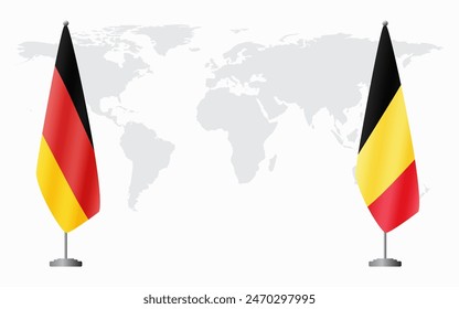 Germany and Belgium flags for official meeting against background of world map.
