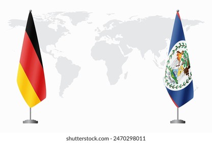 Germany and Belize flags for official meeting against background of world map.