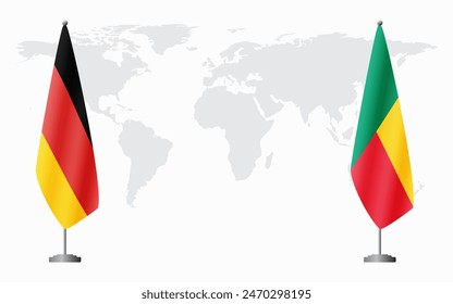 Deutschland und Benin Flaggen für offizielle Tagung vor dem Hintergrund der Weltkarte.