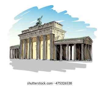 Germany. Berlin. Brandenburg Gate. Old building hand drawn sketch. Unusual perspective. City vector illustration