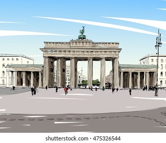 Germany. Berlin. Brandenburg Gate. Old building hand drawn sketch. Unusual perspective. City vector illustration