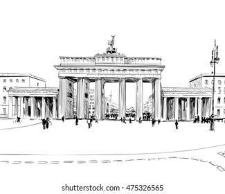 Germany. Berlin. Brandenburg Gate. Old building hand drawn sketch. Unusual perspective. City vector illustration