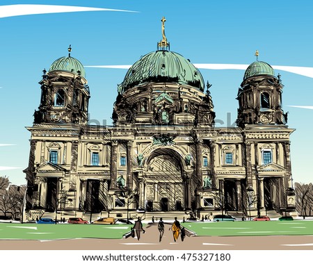 Germany. Berlin Cathedral. Old building hand drawn sketch. Unusual perspective. City vector illustration