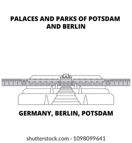 Germany, Berlin, Potsdam, Palaces And Parks line icon, vector illustration. Germany, Berlin, Potsdam, Palaces And Parks flat concept sign.