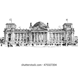  Alemania. Berlín. Edificio Reichstag. Viejo boceto dibujado a mano. Perspectiva inusual. Ilustración del vector de ciudad