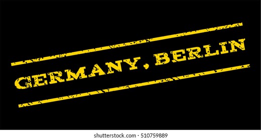 Germany Berlin watermark stamp. Text caption between parallel lines with grunge design style. Rubber seal stamp with unclean texture. Vector yellow color ink imprint on a blue background.