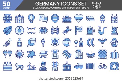 Germany (blue colored outline) icons set. The element collections can be used in social media posts, web design, app design, and more.