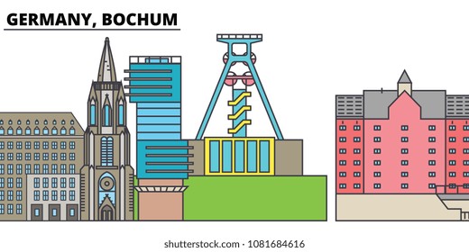 Germany, Bochum. City skyline, architecture, buildings, streets, silhouette, landscape, panorama, landmarks. Editable strokes. Flat design line vector illustration concept. Isolated icons