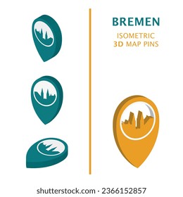 Germany Bremen 3D vector logo set. Isometric map pin, geolocation pointer, modern skyline icon, concept, isolated graphic