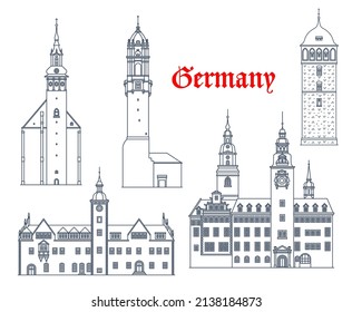 Germany buildings architecture of Freiburg, Schneeberg, Chemnitz and Bautzen, vector travel landmarks. German buildings of St Wolfgang Kirche church, town hall Rathaus and Reichenturm tower