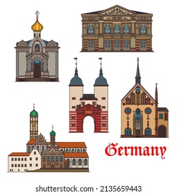 Germany buildings of Baden-Baden and Heidelberg, architecture and travel vector landmarks. Russian Orthodox church and Sankt Afra kirche, Kloster Lichtenthal and Karlstor gates of Heidelberg bridge