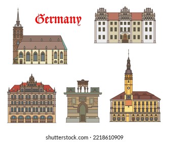 Germany buildings of Gorlitz and Bautzen, vector architecture. German travel landmark buildings of St Peter cathedral, Ortenburg castle and Holy Sepulchre, Rathaus or town hall in Saxony