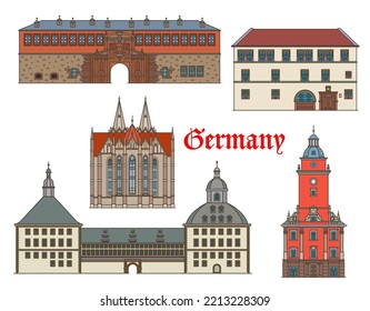 Germany buildings of Gotha and Muhlhausen, vector architecture and German landmarks. Thuringia buildings Petersberg Citadel fortress and Friedenstein Palace, Divi Blasii church and Rathaus city hall