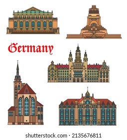 Germany buildings, Stuttgart and Leipzig architecture, travel vector landmarks. Battle of Nations Monument or Volkerschlachtdenkmal, Stuttgart Staatsoper opera house and Collegiate Church Stiftskirche