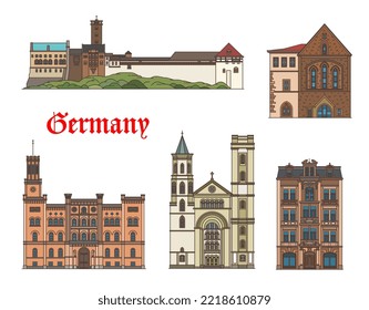 Germany buildings of Zittau and Eisenach Wartburg, vector architecture landmarks. German Thuringia and Saxony buildings of Noacksches Haus palace and castle, Predigerkirche and St John church