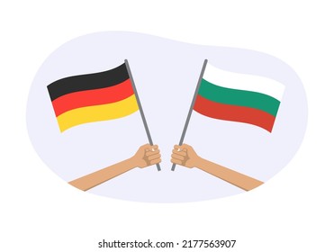 Germany and Bulgaria flags. Bulgarian and German national symbols. Hand holding waving flag. Vector illustration.