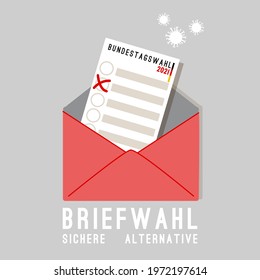 Germany Bundestag 2021 federal elections on September 26, vector banner. Vote safe by mail during pandemy, red envelope with ballot. Translation from German language: postal voting is safe alternative