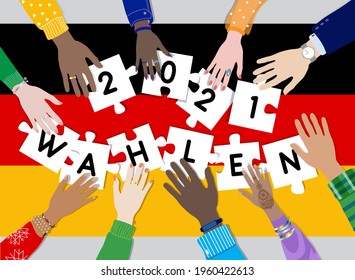 Germany Bundestag 2021 national federal elections on September 26, vector banner. Diverse people holding hands together and puzzle pieces at German flag. Translation from Germany language: ELECTIONS