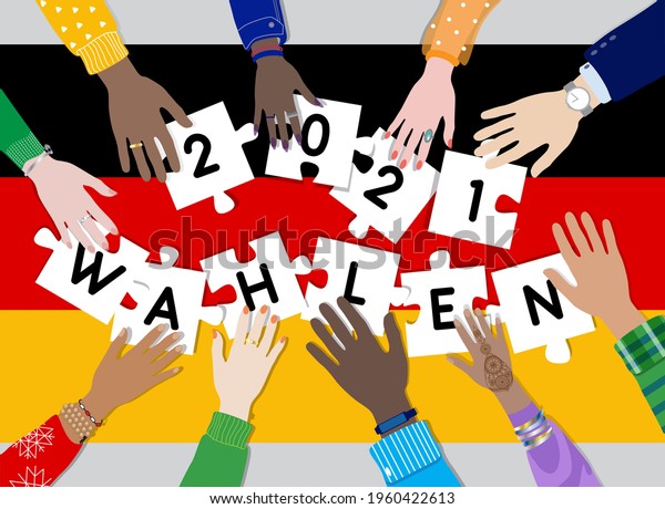 Germany Bundestag 2021 national federal\
elections on September 26, vector banner. Diverse people holding\
hands together and puzzle pieces at German flag. Translation from\
Germany language:\
ELECTIONS