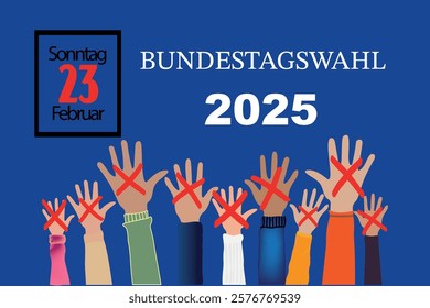 Germany Bundestagswahl. federal election 2025 in German language. People raising hands. Cross check marks and mandates, coalition colors Background. flat vector illustration.