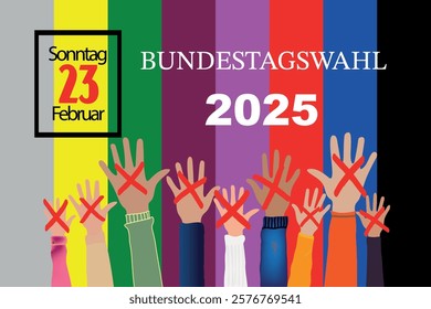 Germany Bundestagswahl. federal election 2025 in German language. People raising hands. Cross check marks and blue color Background. flat vector illustration