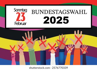 Germany Bundestagswahl. federal election 23. February 2025 in German language. People raising hands. Cross check marks and mandates, coalition colors Background. flat vector