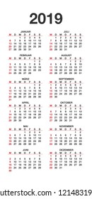 Germany calendar for 2019 years, week starts on Monday. Design calender on white background, Vector, German calendar