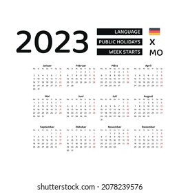 Germany calendar 2023. Week starts from Monday. Vector graphic design. German language.