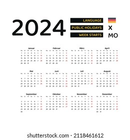 Calendario alemán 2024. La semana comienza el lunes. Diseño gráfico vectorial. Idioma alemán.