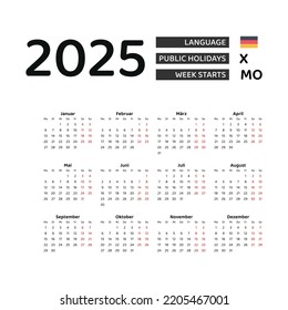 Germany calendar 2025. Week starts from Monday. Vector graphic design. German language.