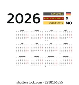 Germany calendar 2026. Week starts from Monday. Vector graphic design. German language..