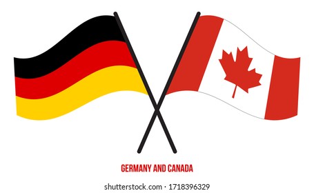 Banderas de Alemania y Canadá cruzadas y ondeadas en estilo plano. Proporción oficial. Colores correctos.