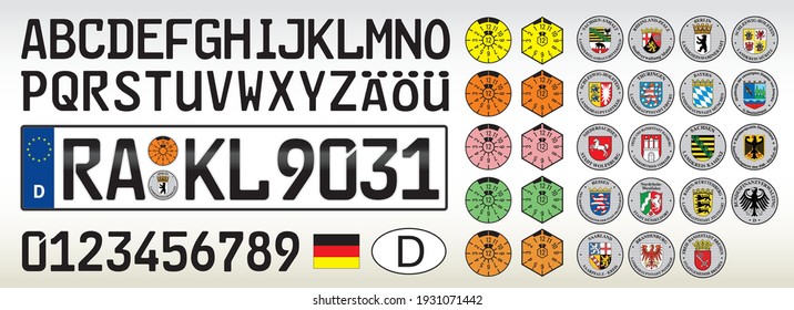 Germany car license plate, letters, numbers and symbols, vector illustration, European Union