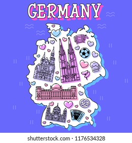 Germany cartoon travel vector map, symbols and other, decorative poster flat style for design tourism

