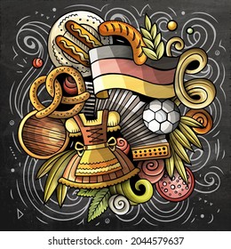 Germany cartoon vector doodle chalkboard illustration. Colorful detailed composition with lot of German objects and symbols