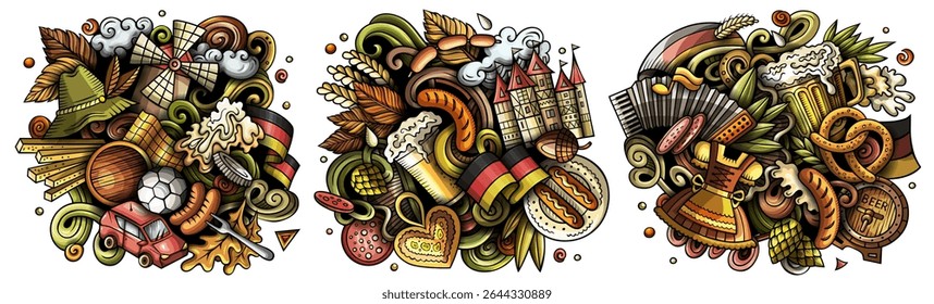 Germany cartoon vector doodle designs set. Colorful detailed compositions with lot of German objects and symbols. Isolated on white illustrations. Not AI