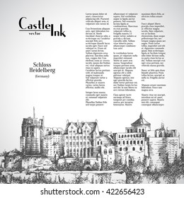 Germany Castle Heidelberg ruins layout hand drawn tower Ink pen, vector illustration sketch, vintage style.