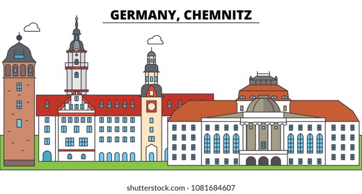 Germany, Chemnitz. City skyline, architecture, buildings, streets, silhouette, landscape, panorama, landmarks. Editable strokes. Flat design line vector illustration concept. Isolated icons