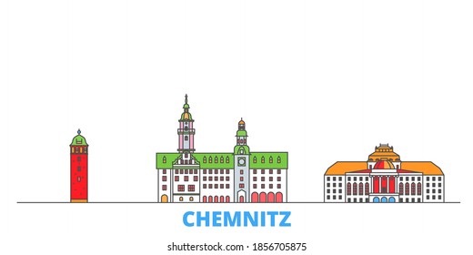 Alemania, Chemnitz line cityscape, vector plano. Punto de referencia de la ciudad de viajes, ilustración de oultine, íconos del mundo de la línea