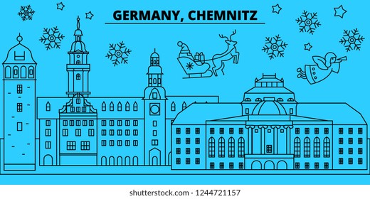 Germany, Chemnitz winter holidays skyline. Merry Christmas, Happy New Year decorated banner with Santa Claus.Germany, Chemnitz linear christmas city vector flat illustration