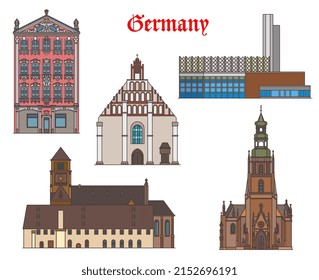 Edificios de Alemania, Chemnitz, Zwickau y Kamenz, monumentos arquitectónicos vectoriales. Edificios sajónicos alemanes de la casa Siegertsches, ayuntamiento de Stadthalle, iglesia del castillo de Marienkirche y Schlofalche