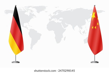 Germany and China flags for official meeting against background of world map.