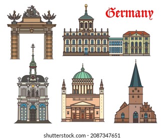 Iglesias y catedrales alemanas, arquitectura de Potsdam y Bonn y monumentos de viaje, vector. Potsdamer Stadttor o Jagertor, Iglesia de San Remigio en Bonn, Nikolaikirche en Potsdam y Kreuzbergkapelle