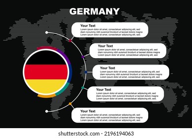 Germany circle infographic with information text spaces, black background with world map, Germany circle country flag, presentation graphic idea, info and data template for countries