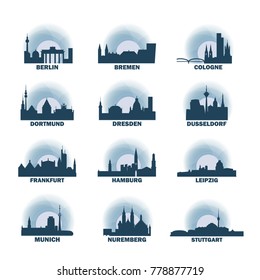 Germany cities icons set, modern skyline citysape landmark sunrise sunset logo pack