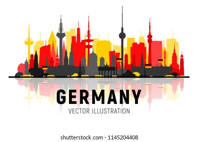 Germany cities skyline silhouette vector illustration on white background. Business travel and tourism concept with famous German landmarks . Image for presentation, banner, web site.