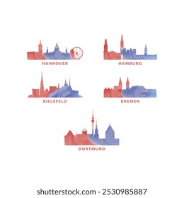 Alemanha cidades skyline vetor logotipo, conjunto de ícones. Aquarela Hannover, Hamburgo, Bielefeld, Bremen, Dortmund silhueta. Coleção gráfica isolada