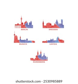 Alemanha cidades skyline vetor logotipo, conjunto de ícones. Aquarela Berlim, Dresden, Munique, Leipzig, Nuremberga silhueta. Coleção gráfica isolada